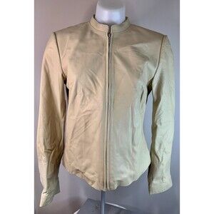 Ann Taylor Womens 100% Leather Full Zip Moto Jacket Medium Beige Hipster Neutral